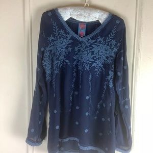 Johnny Was Semi Sheer Navy & Blue Embroidered Tunic Top Shirt